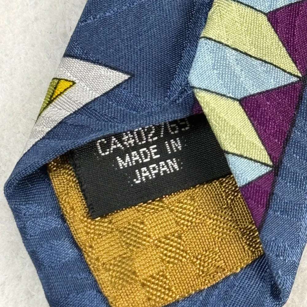 Format Japan Mens Silk Tie Blue Yellow Geometric Triangle Abstract 90s Retro
